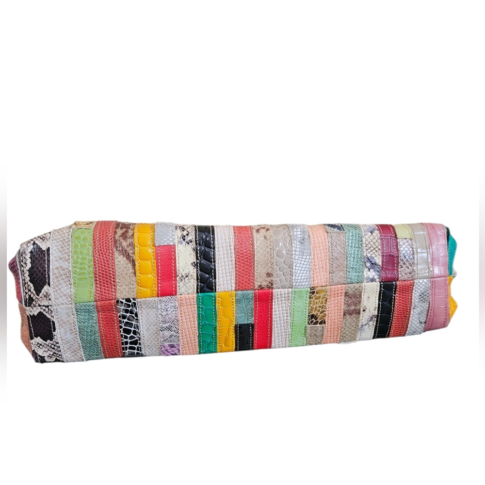 Multicolor Mixed Media Patchwork Striped Leather … - image 3